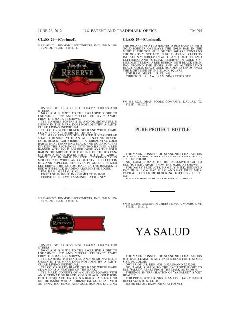 MARKS PUBLISHED FOR OPPOSITION - U.S. Patent and ...