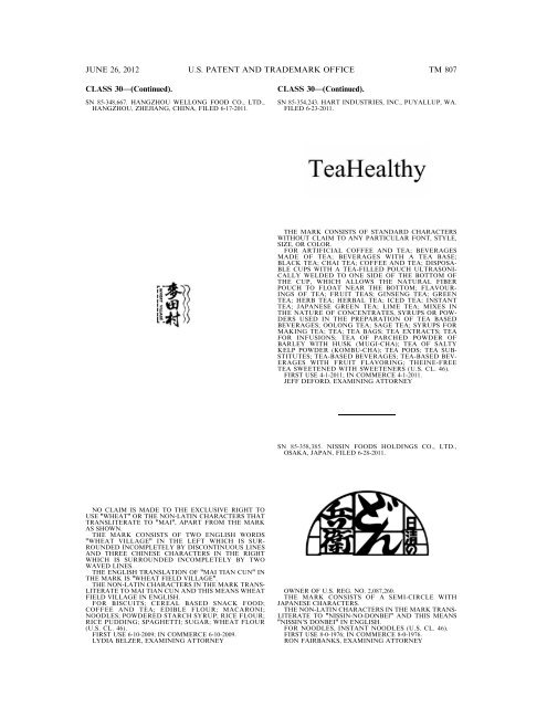 MARKS PUBLISHED FOR OPPOSITION - U.S. Patent and ...