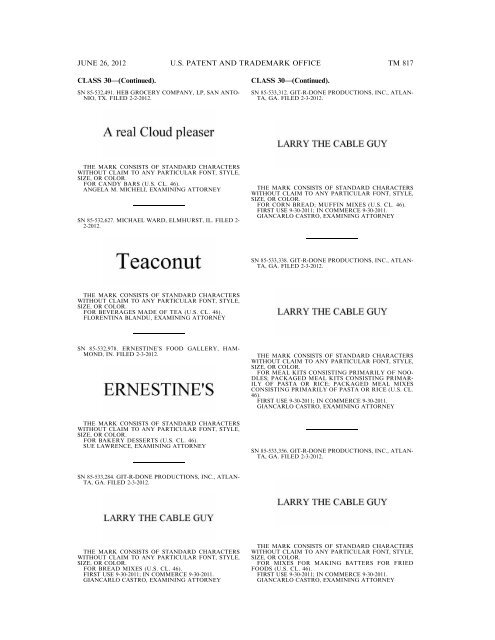 MARKS PUBLISHED FOR OPPOSITION - U.S. Patent and ...