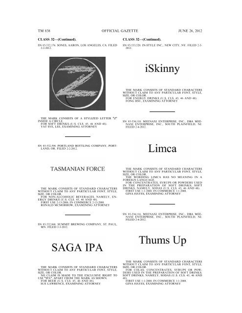 MARKS PUBLISHED FOR OPPOSITION - U.S. Patent and ...