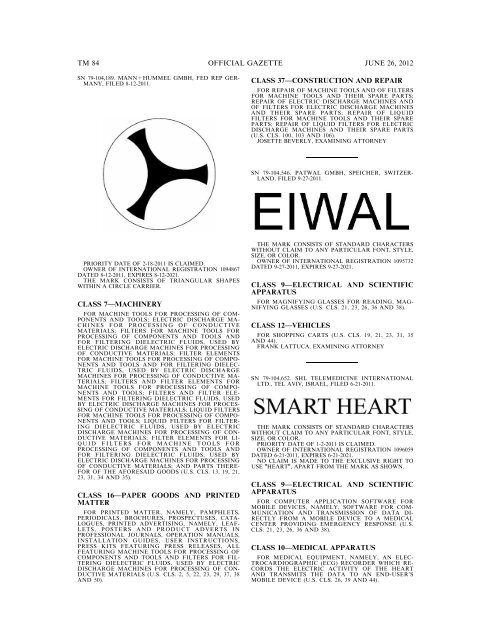 MARKS PUBLISHED FOR OPPOSITION - U.S. Patent and ...