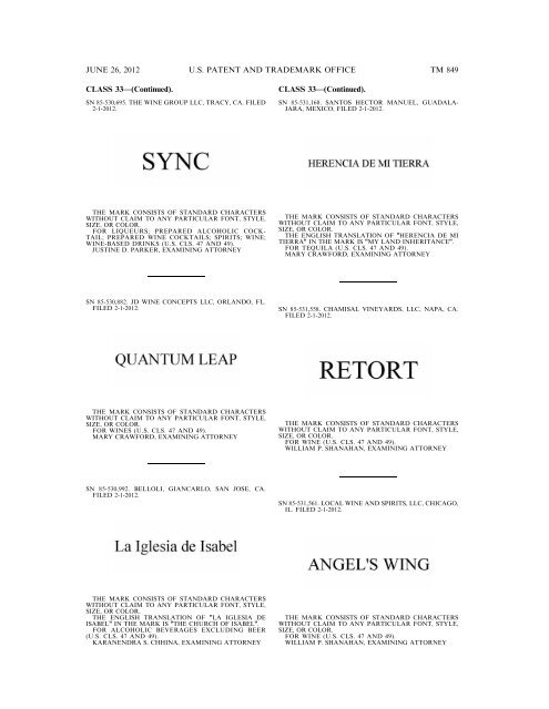 MARKS PUBLISHED FOR OPPOSITION - U.S. Patent and ...