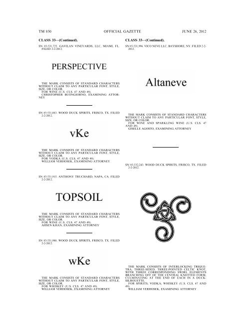 MARKS PUBLISHED FOR OPPOSITION - U.S. Patent and ...