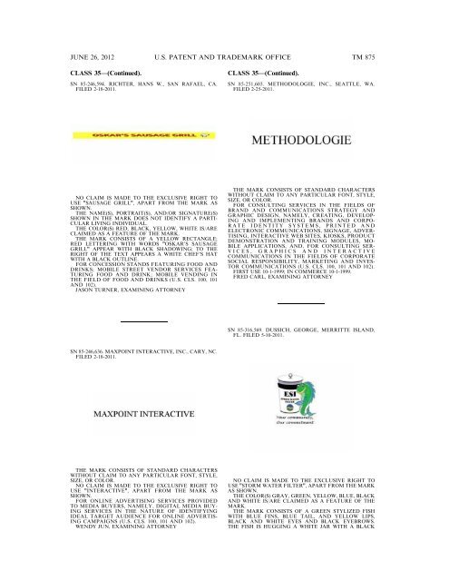 MARKS PUBLISHED FOR OPPOSITION - U.S. Patent and ...