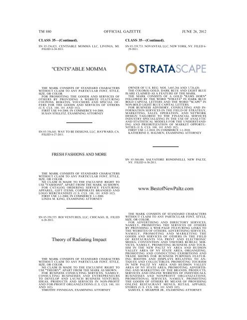 MARKS PUBLISHED FOR OPPOSITION - U.S. Patent and ...