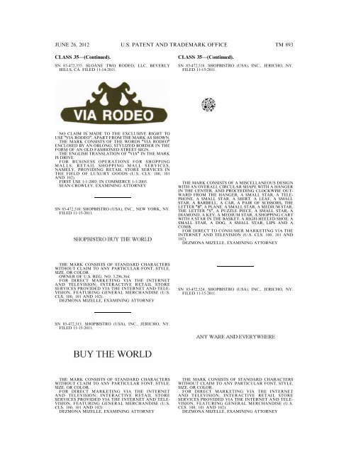 MARKS PUBLISHED FOR OPPOSITION - U.S. Patent and ...