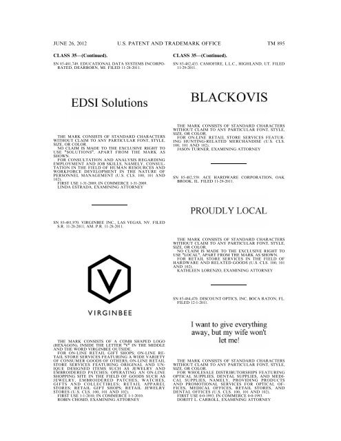 MARKS PUBLISHED FOR OPPOSITION - U.S. Patent and ...