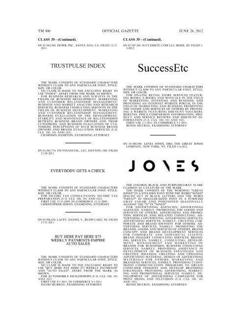 MARKS PUBLISHED FOR OPPOSITION - U.S. Patent and ...