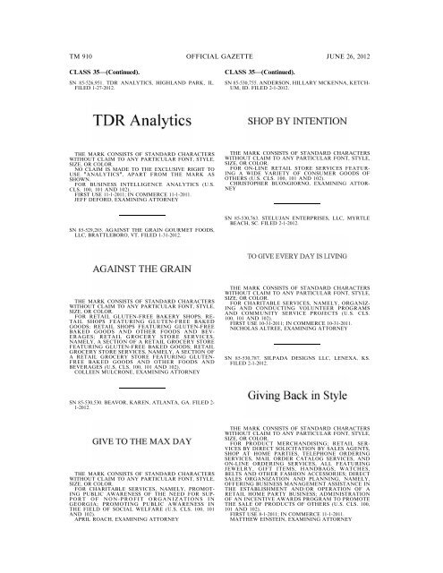 MARKS PUBLISHED FOR OPPOSITION - U.S. Patent and ...