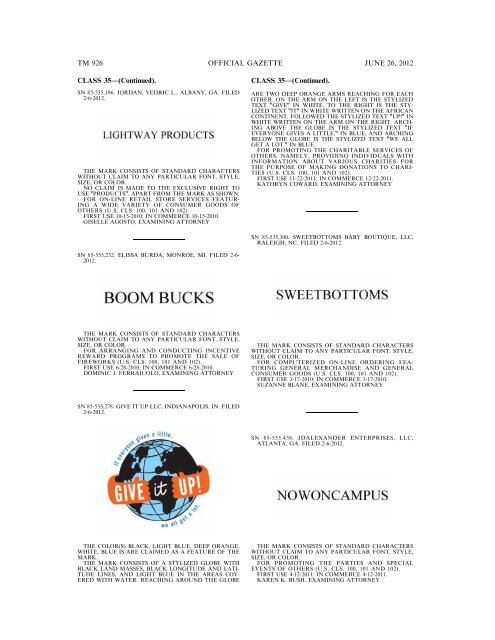 MARKS PUBLISHED FOR OPPOSITION - U.S. Patent and ...