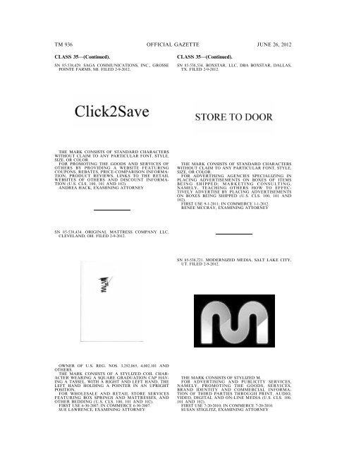 MARKS PUBLISHED FOR OPPOSITION - U.S. Patent and ...