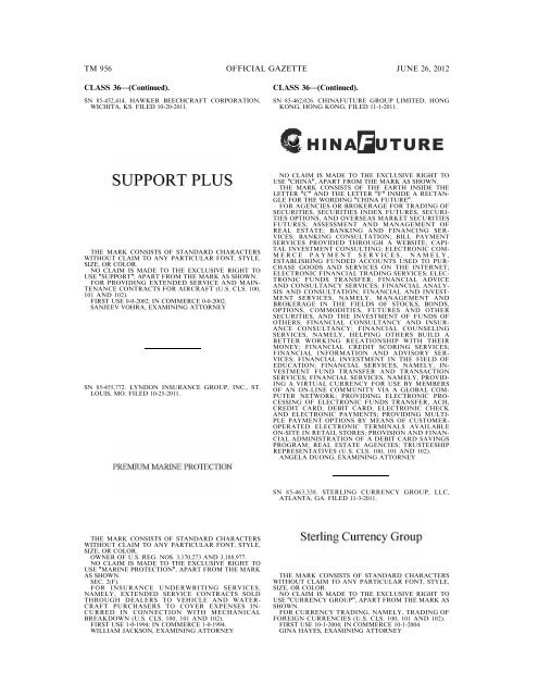 MARKS PUBLISHED FOR OPPOSITION - U.S. Patent and ...