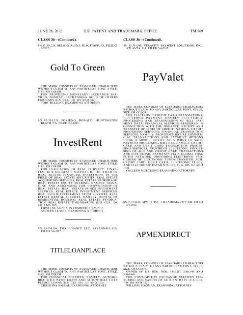 MARKS PUBLISHED FOR OPPOSITION - U.S. Patent and ...