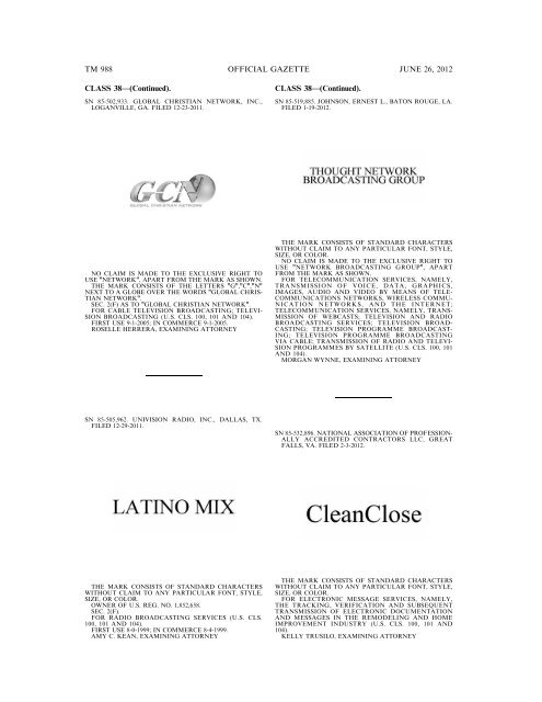 MARKS PUBLISHED FOR OPPOSITION - U.S. Patent and ...