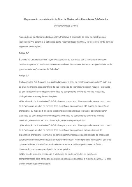 Regulamento para obtenção do Grau de Mestre pelos ... - UTAD