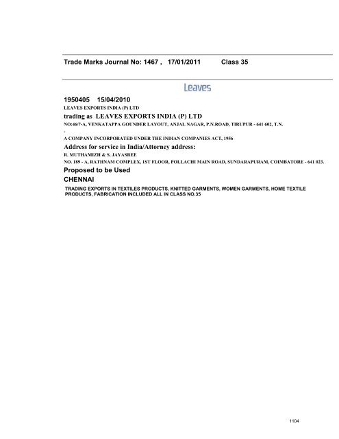 Trade Marks Journal No - Controller General of Patents, Designs ...