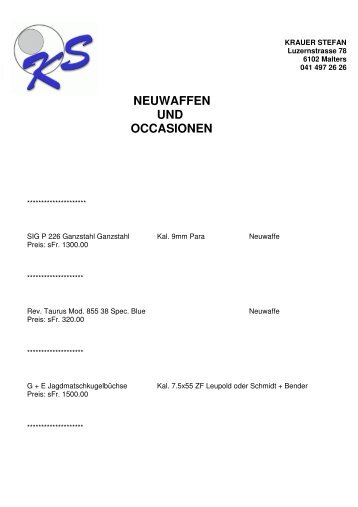 NEUWAFFEN UND OCCASIONEN - Krauer Stephan, Schleiftechnik ...