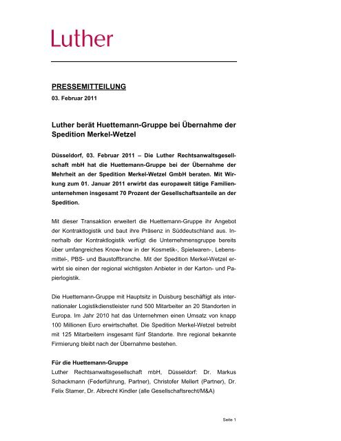PRESSEMITTEILUNG Luther berät Huettemann-Gruppe bei ...