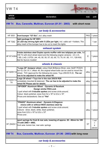 VW T4 Bus, Caravelle, Multivan, Eurovan (01.96 - 2003 ... - Hofele