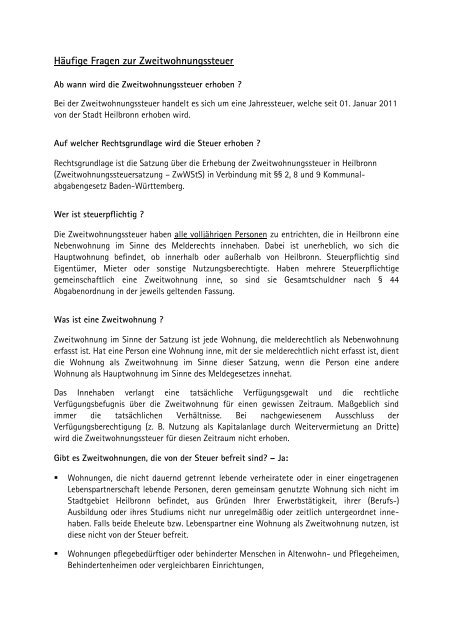 Häufig gestellte Fragen zur Zweitwohnungssteuer - Stadt Heilbronn