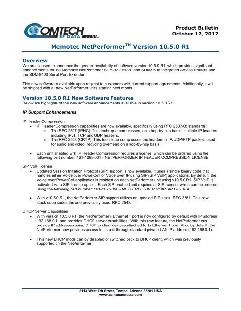 Memotec NetPerformerTM Version 10.5.0 R1 - Comtech EF Data