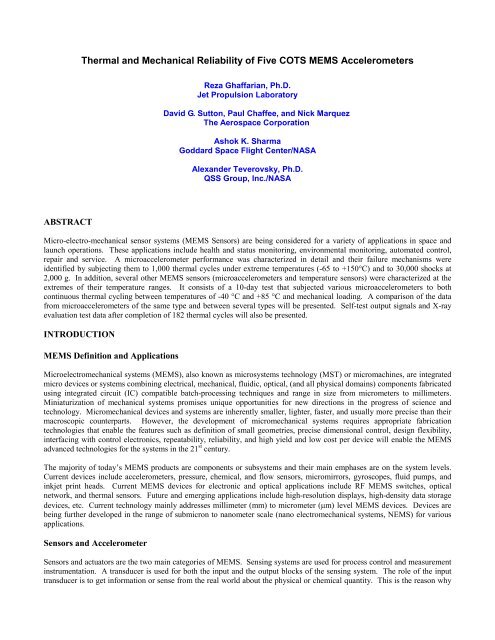 Thermal and Mechanical Reliability of Five COTS MEMS - NASA ...