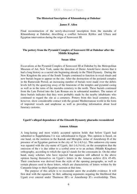 Tenth International Congress of Egyptologists Abstracts of Papers