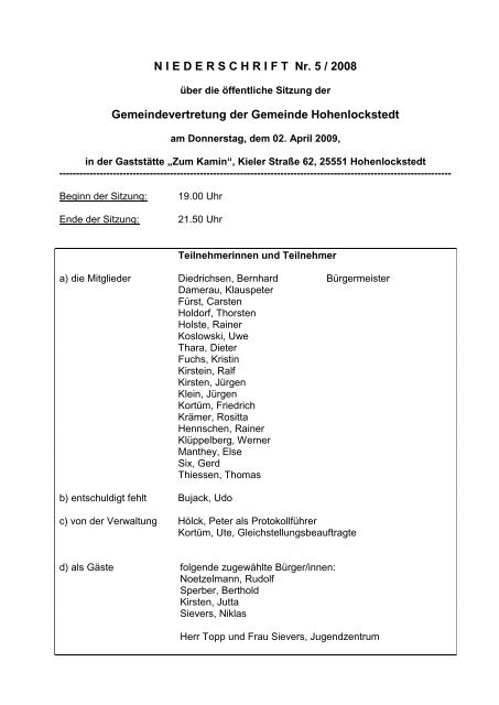 Protokoll Gemeindevertretung vom 02.04.2009 - Hohenlockstedt