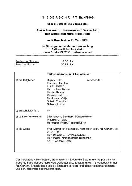 Protokoll Finanzausschuss 11.03.2009 - Gemeinde - Hohenlockstedt