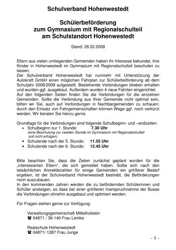 Schulverband Hohenwestedt Schülerbeförderung zum Gymnasium mit