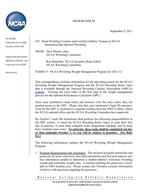 NCAA Wrestling Weight Management Program For 2011 - NAIA