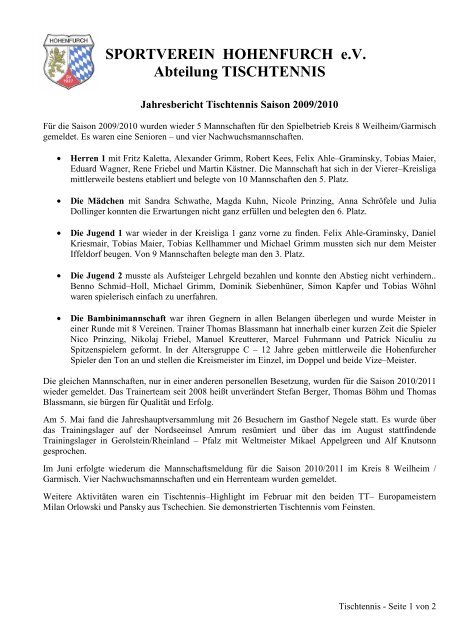 SPORTVEREIN HOHENFURCH e.V. Abteilung TISCHTENNIS