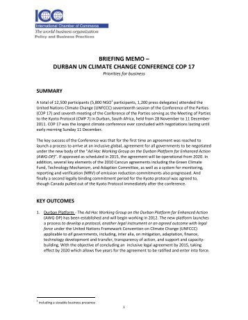 BRIEFING MEMO – DURBAN UN CLIMATE CHANGE ...