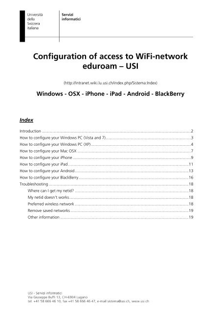 Configuration of access to WiFi-network eduroam – USI - Intranet