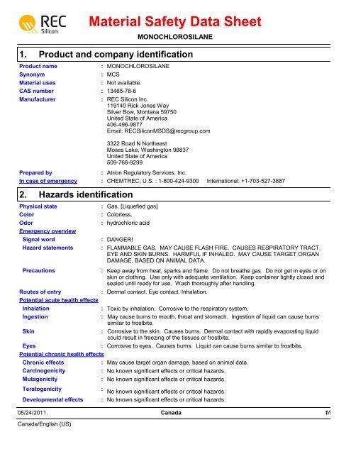 [PDF] MONOCHLOROSILANE_RSD ISS MSDS North America - REC