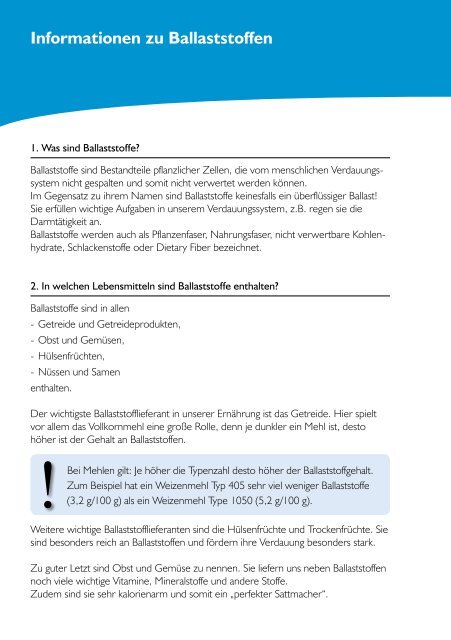 Informationen zu Ballaststoffen - Gesundheitsverbund HBH-Kliniken