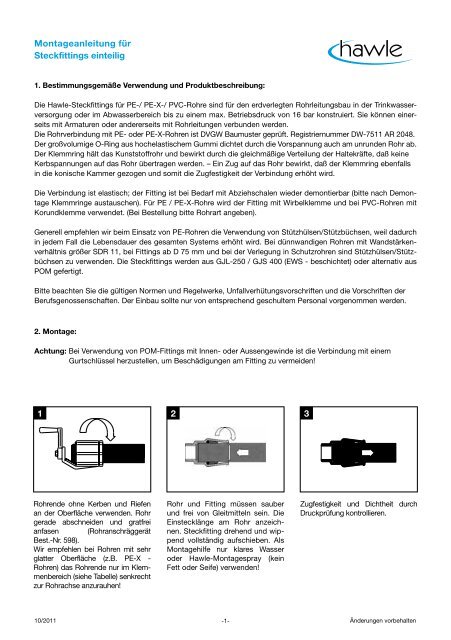 Steckfitting einteilig (pdf) - Hawle Armaturen