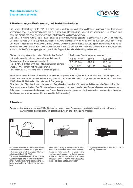 Bedienungsanleitung DE Steckfittings einteilig 1 ... - Hawle Armaturen