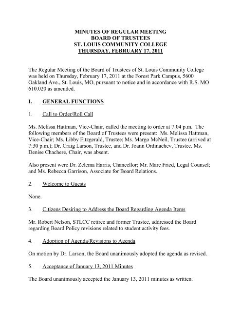 STLCC Board of Trustees Meeting Minutes, Feburary 17, 2011