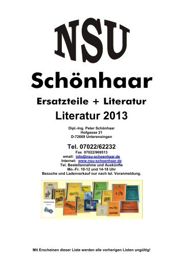 Gesamt-Katalog Literatur - NSU-Schönhaar, Unterensingen