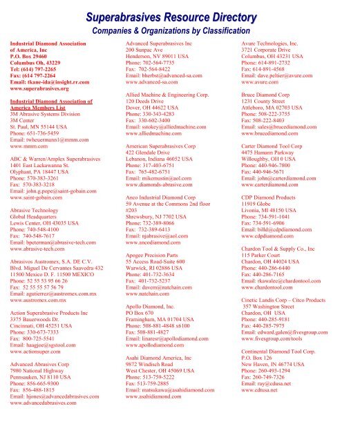 Superabrasives Resource Directory Industrial Diamond Association