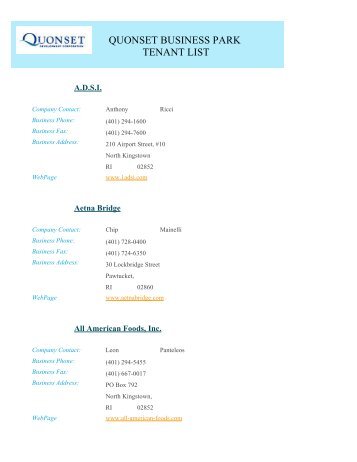 QUONSET BUSINESS PARK TENANT LIST