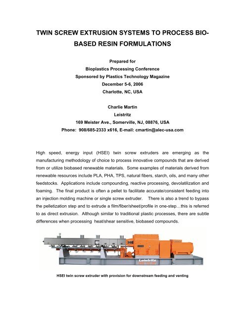 TWIN SCREW EXTRUSION SYSTEMS TO PROCESS BIO- BASED ...