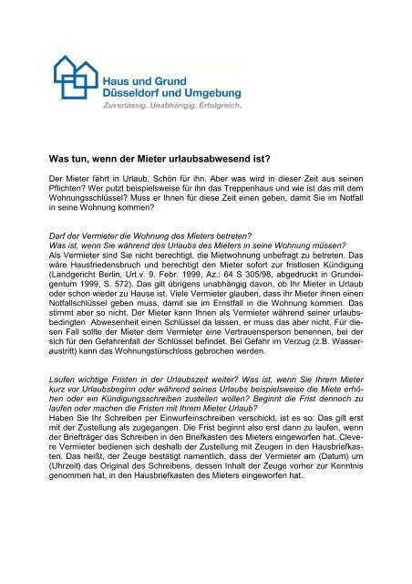 Was Tun Wenn Der Mieter Urlaubsabwesend Ist Haus Und Grund