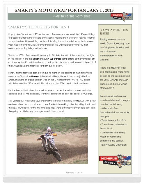 Smarty's Moto Wrap for January 1 , 2013 - Mcnews.com.au