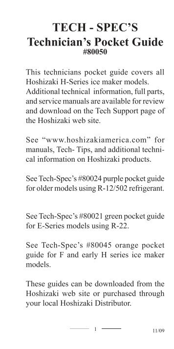 TECH - SPEC'S Technician's Pocket Guide - Hoshizaki America, Inc.