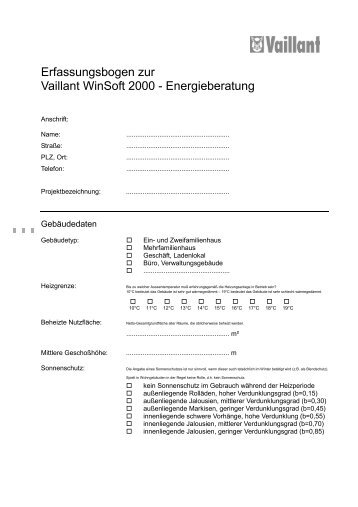 Erfassungsbogen zur Vaillant WinSoft 2000 - Energieberatung