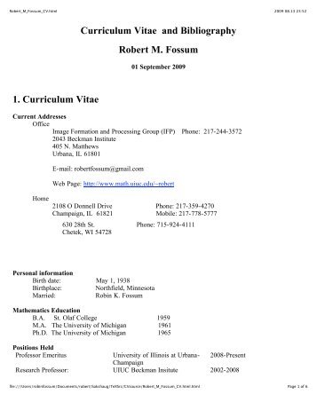 Curriculum Vitae and Bibliography Robert M. Fossum - Mathematics ...