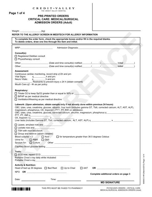 Pre-Printed Orders - Critical Care: Medical/Surgical Admission