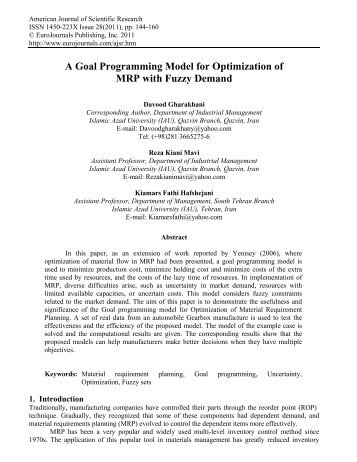 A Goal Programming Model for Optimization of MRP ... - EuroJournals